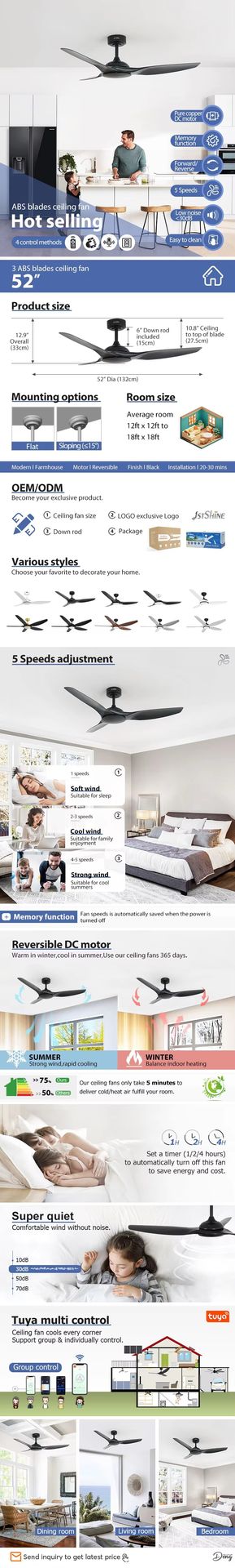 1stshine 52 Inches Hot Selling Fans Power Professional Grade Energy Saving Contemporary Style Ceiling Fan no light