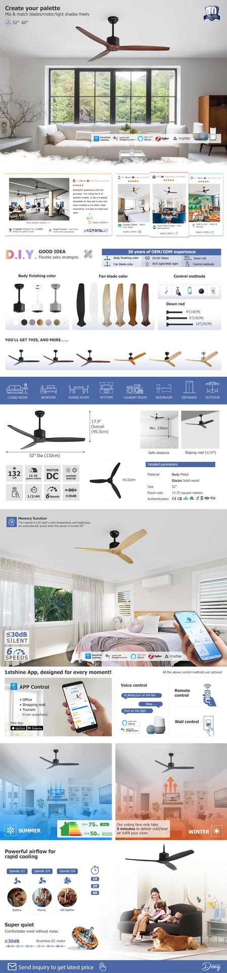 1stshine Solid Wood Blades Powerful Airflow Ultra Quiet Voice Assistant 6 Speeds Ceiling Fan With Remote Control