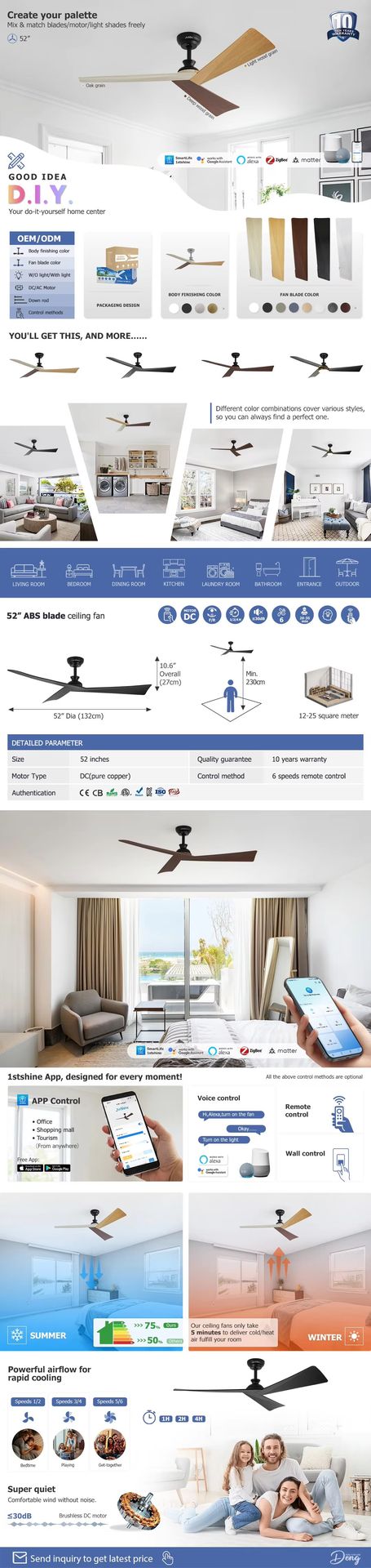 1stshine ABS Blade Manufactur Nordic Silent Motor Durable Quality Elegant Design Contemporary Style TUYA Wifi Ceiling Fan