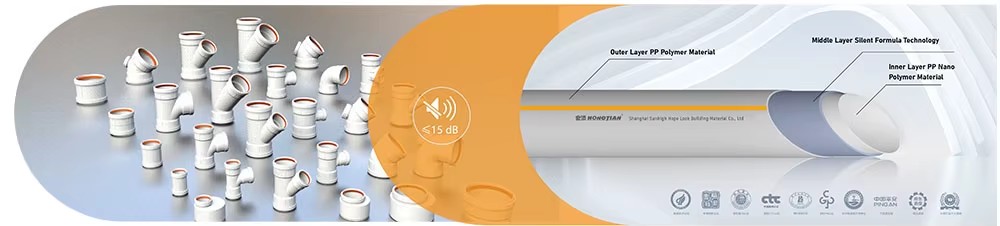 DN110 PP Drainage Pipe High Quality Tee Cross Ultra-quiet Hongtian High Pressure Anti-UV Heat Resistant EN1451 Standard No Smell