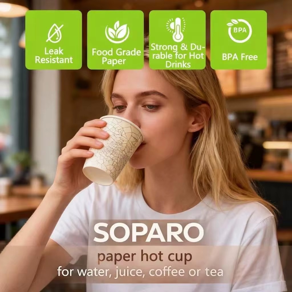 SOPARO 16 oz Bulk Disposable Paper Cups 1000 Count Rolled Rim Leak Resistant Ripple Wall Style for Hot Coffee