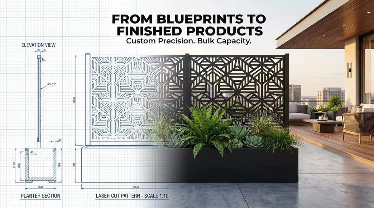 YW Hardware DIY Decorative Metal Black Freestanding Garden Privacy Screen with Planter Flower Boxes for Outdoor Use