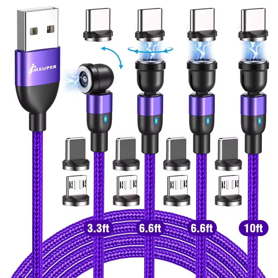 Magnetic Charging Cable 3 in 1 USB Cable 540 Degree Rotating Fast Charging Cable with Type C Alloy Magnetic Charger Wire