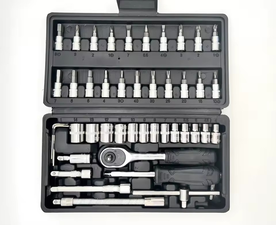 High Quality Multifunctional Chrome Vanadium Steel Wrench Socket 46pcs Repair Tools Set for Cars with Plastic Black Box