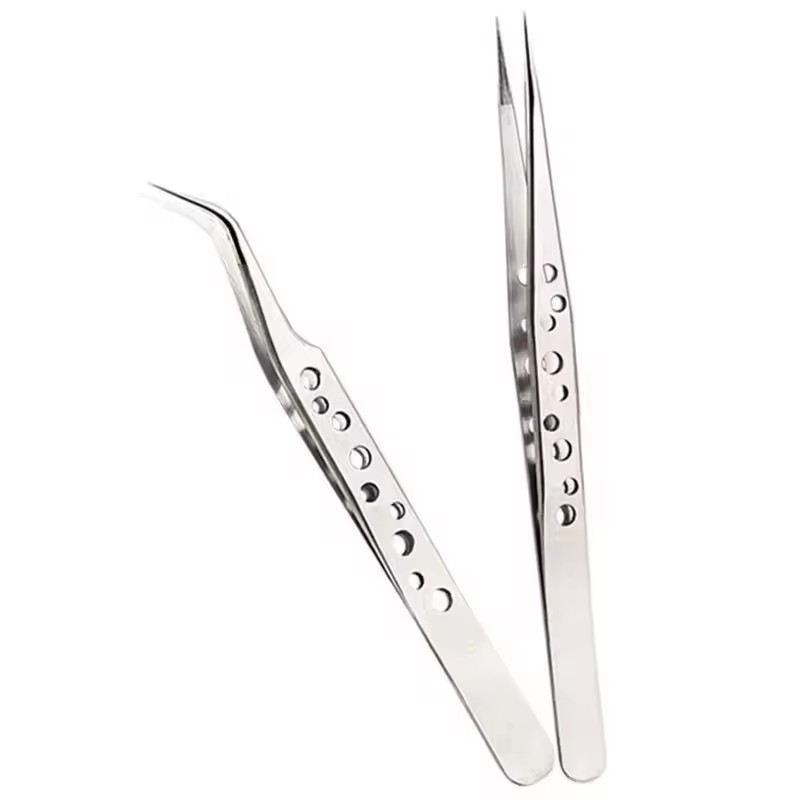 Stainless Steel Precision Perforated Tweezers with Pointed Elbows, Glossy Nine Hole Tweezers