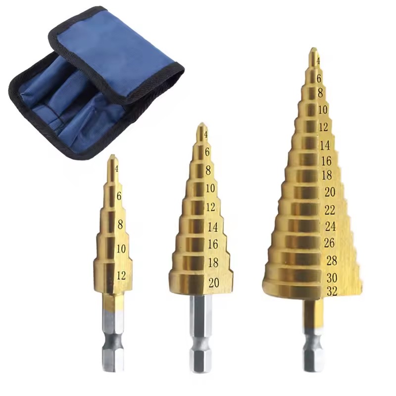 Industrial High-Speed Steel Pagoda Drill Bit Set 3pcs Titanium-Plated Hexagonal Handle for Iron Plastic Quality Hand Tools