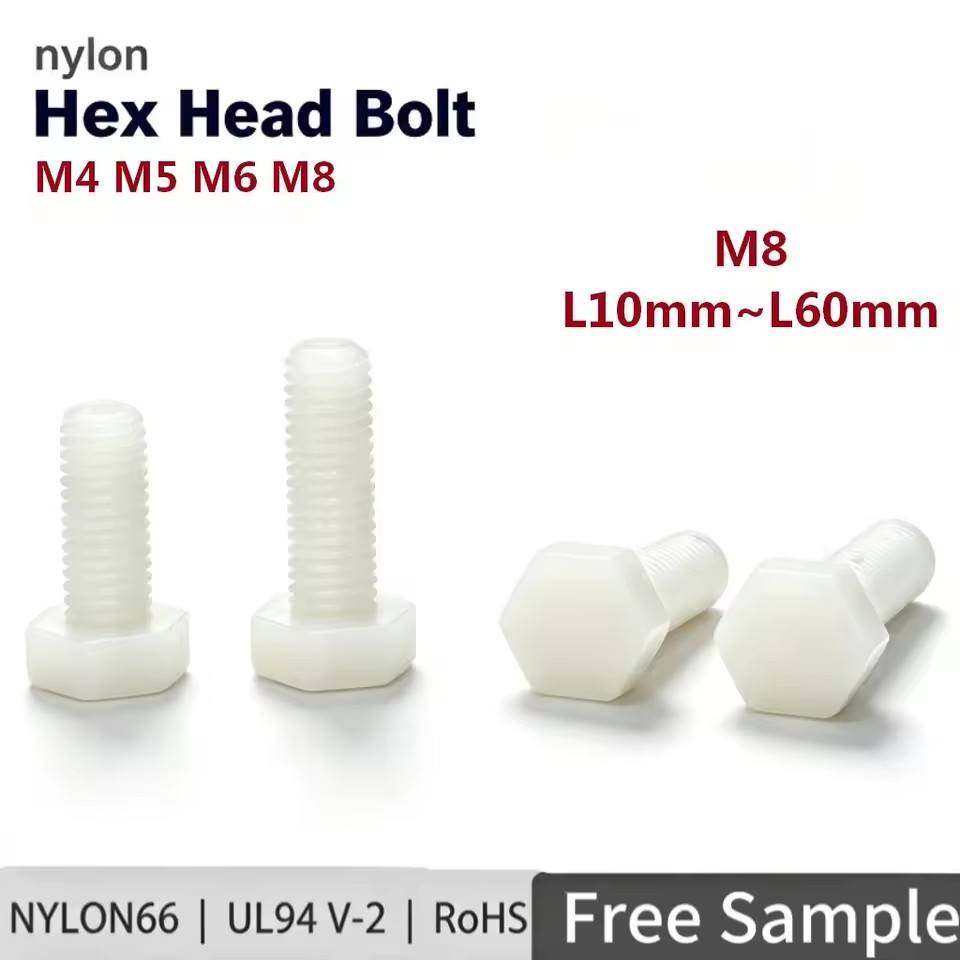 Nylon Hex Bolt M8 External Hex Head Screw White Heavy Duty Plastic Insulation Fastener PA66 UL94 L10mm~L60mm