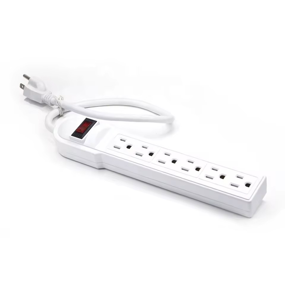 2 Foot 6-Outlet Surge Protector Power Strip 90Joul White Color 125V/110V/220V 15A with Copper Wire Plug