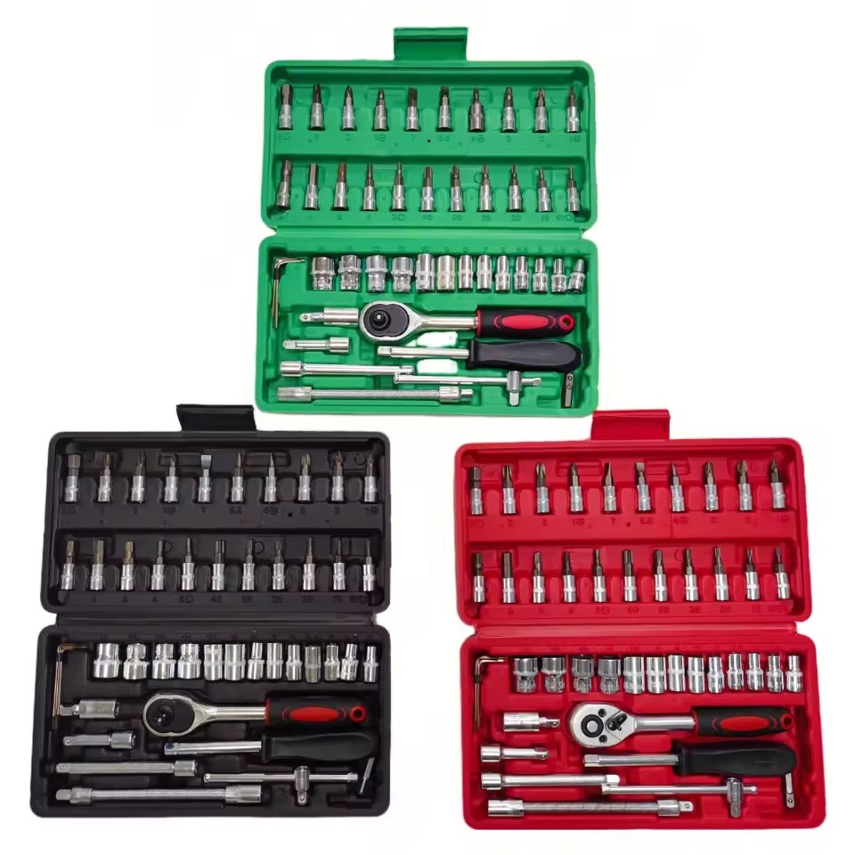 46PCS Master Mechanic Tool Kit with 3/8" Ratchet, SAE/Metric Sockets, Torx/Hex Bits, Extension Bars - Professional Grade