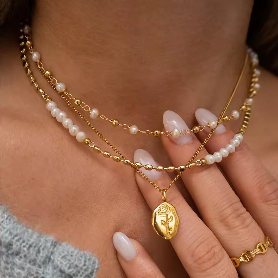 Fresh Water Pearl Choker Necklace Women Jewelry Tarnish Free 18K Gold Plated Stainless Steel Chain Layered Necklace