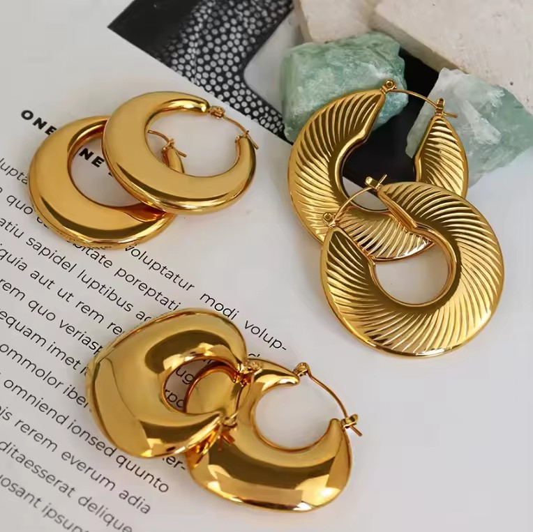 Vintage Hypoallergenic Non Tarnish Stainless Steel Big Chunky Jewelry huggies Earrings 18K Gold Plated Hoop Earring for Women