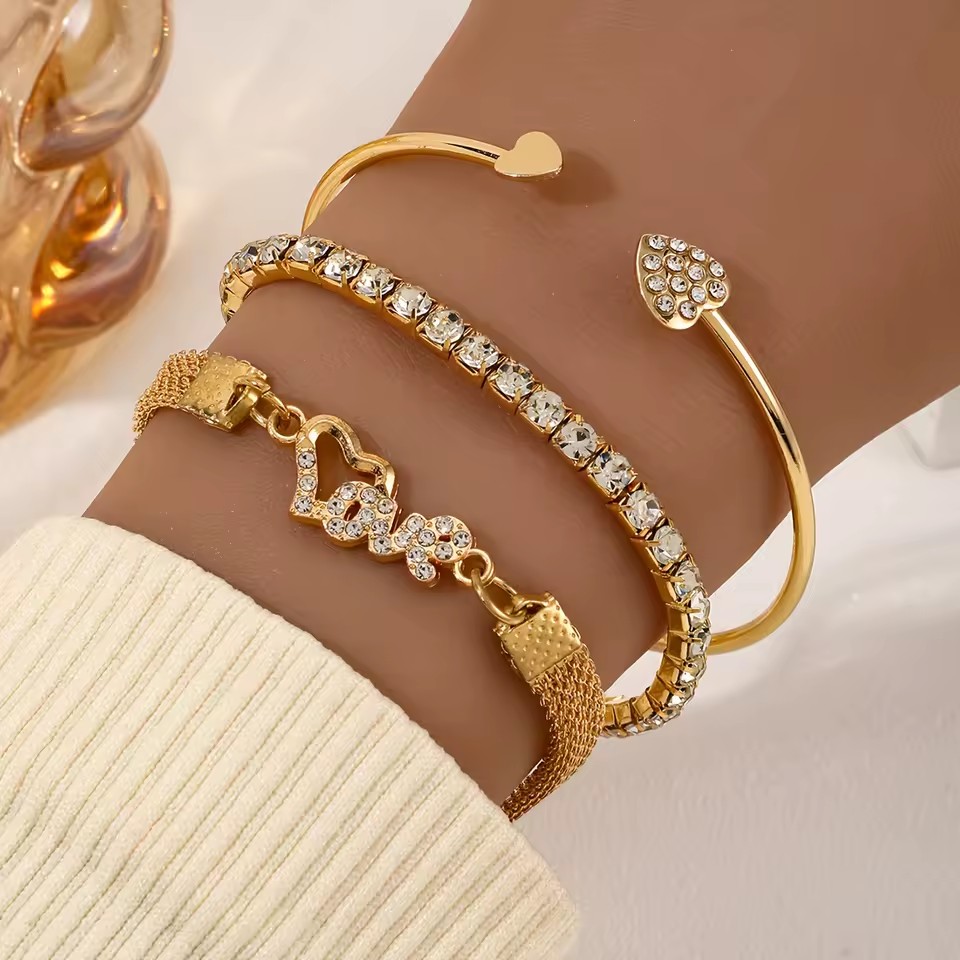 TZ033 New Crystal Bezel Love Heart Bracelet Set with Butterfly Accents - Stackable Dainty Chain Gift for Her