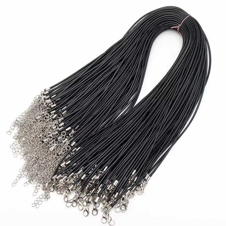 PB002 Black 2mm Braided Leather Rope Necklace Chain with Lobster Claw Clasp Round Metal Findings for Pendant Jewelry