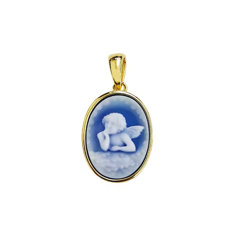 Original Blue Agate Cameo Jewelry Dainty Religious Angel Wings Charm S925 Sterling Silver Necklace
