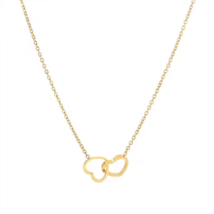 Fashion Jewelry Stainless Steel Pendant Gold Chain Double Heart Hollow Out Interlocking Charm Necklaces for Women Gift