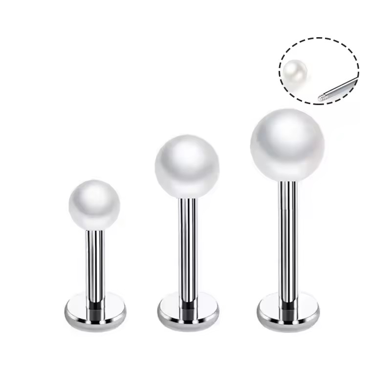 F136 G23 Silver Pearl Classic Externally Threaded Ball-Shaped Labret Stud Earrings Cartilage Helix Tragus Piercing Titanium