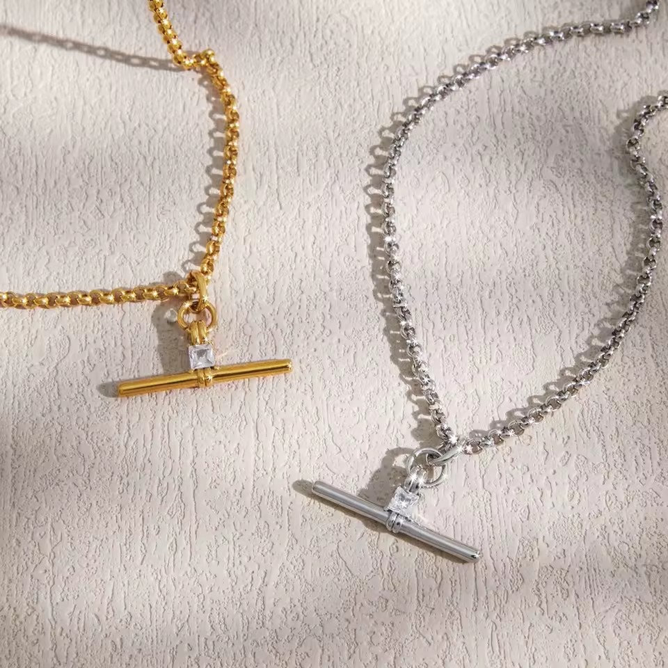 Vintage Stainless Steel Pendant Necklace T Shape Zircon Pendant Necklaces for Women