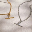 Vintage Stainless Steel Pendant Necklace T Shape Zircon Pendant Necklaces for Women