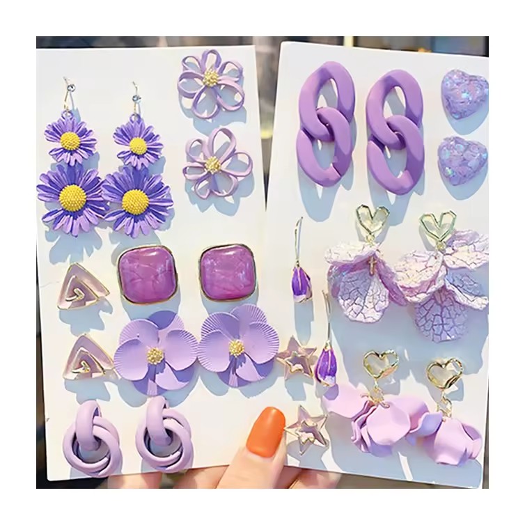 Women Jewelry Floral Earring Stud Dangle Drop Acrylic Flower Petal Purple Earrings