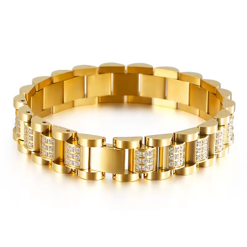 Hot Selling 18K Gold Plating Titanium Steel Men's Watch Bracelet Cut Inlaid Heart Pattern Zircon/Diamond Main Stone for Gift