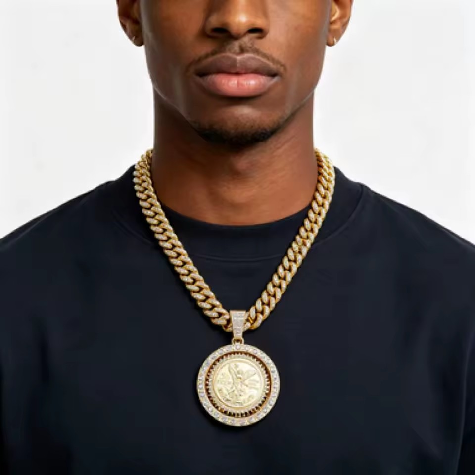 Gold Iced Mexican Coin Pendant Double CZ Border Miami Cuban Chain Hip Hop Men Jewelry