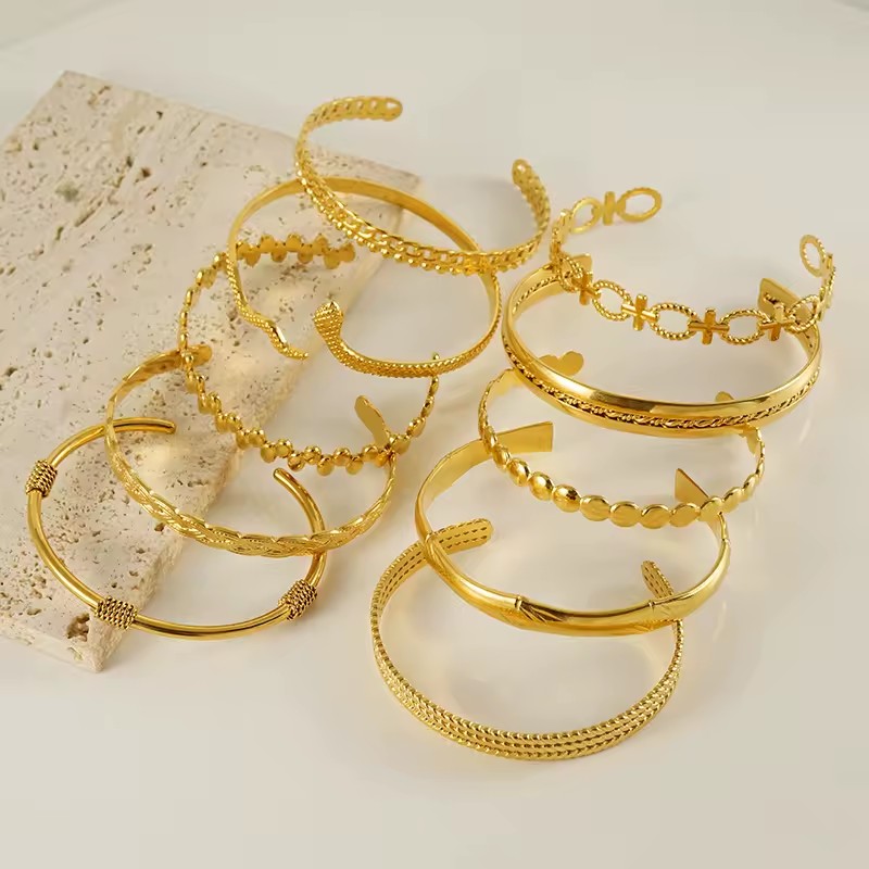 18k Gold Plated Stainless Steel Cuff Bracelet Waterproof Opening Cubic Bangles