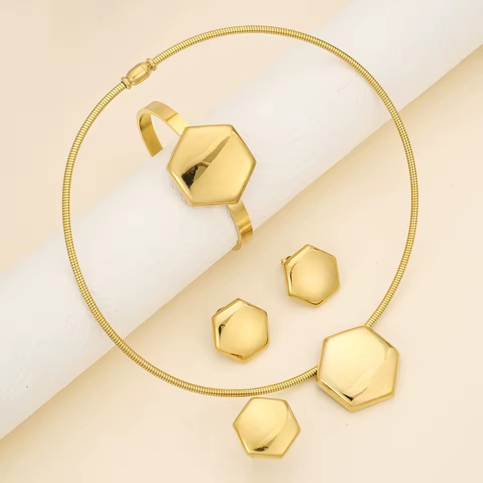 Fashionable Simple Geometric Gold Plated Necklace Bracelet Earring Ring Set Stainless Steel Jewelry Set Accessories Gift