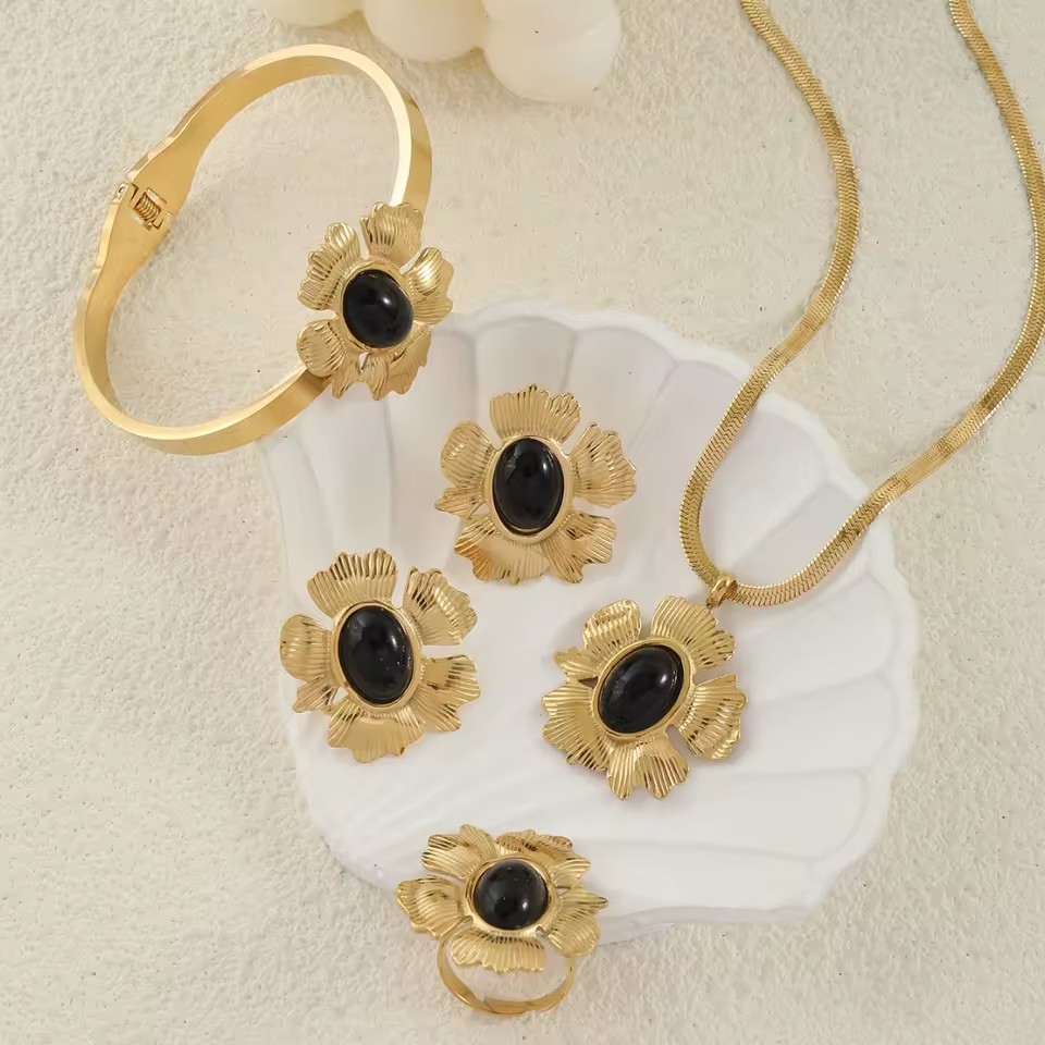 Vintage Flower Imitation Pearl Pearl Flower Stainless Steel 4PCS Jewelry Set