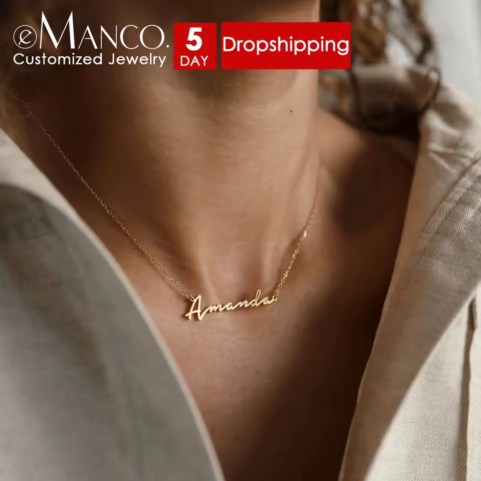 Emanco Trendy Children's Drop Shipping Name Necklace Women Personalized Pendant Nameplate Choker Engraved Thin Chain Stainless
