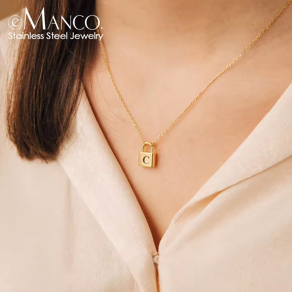 EManco Necklace Manufacturer Direct Sales Custom Letter Lock Pendant Necklaces, Minimalist Style Carved DIY Letter Necklaces