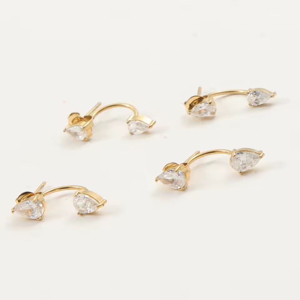 Mini 18K Gold Titanium Steel Electroplated Zircon Stud Earrings Double Splicing Joyas De Acero Inoxidable Al Por Mayor