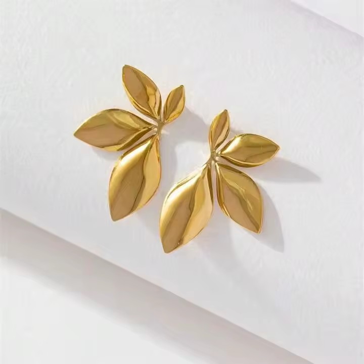 Stainless Steel Gold Statement Earrings Large Flower Stud Earrings for Women Unique Spring Jewelry Bohemian Leaf Earings