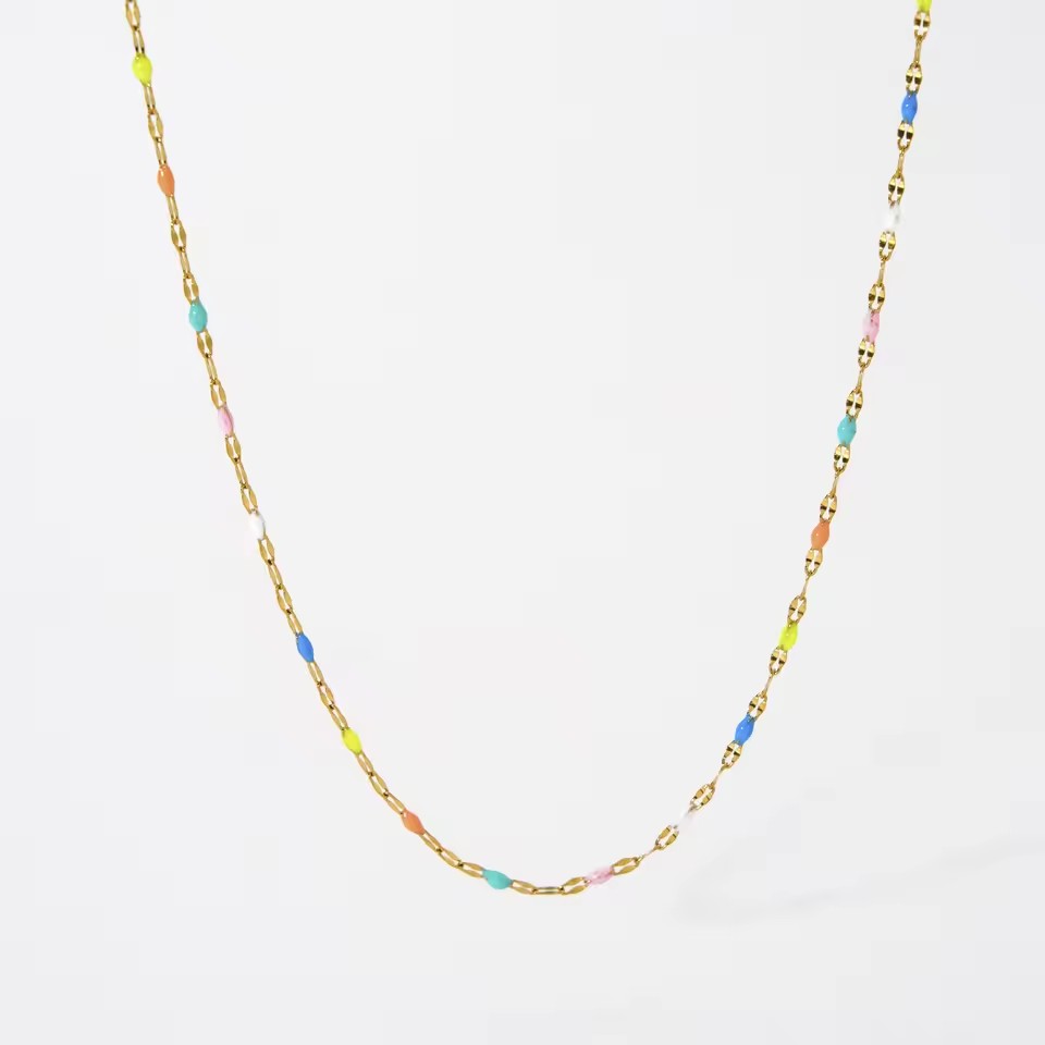 Dainty Rainbow Enamel Bead Thin Chain Necklace 18K Gold Stainless Steel Waterproof Boho Summer Jewelry
