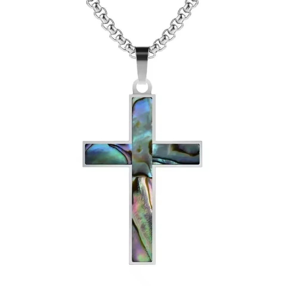 Stainless Steel Abalone Shell Necklace Religious Jewelry High Quality Box Chain Necklace Cross Necklace