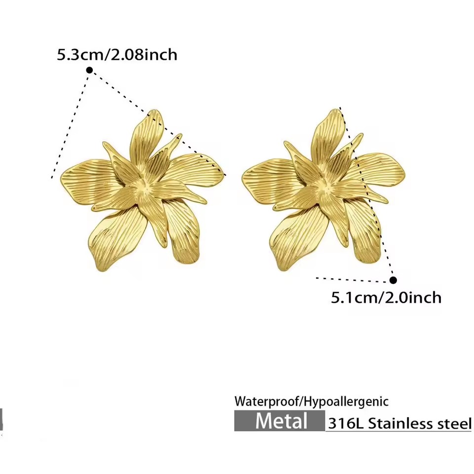 316L Stainless Steel Gold Plated Large Flower Earring for Women Waterproof Hypoallergenic Statement Floral Stud Earrings