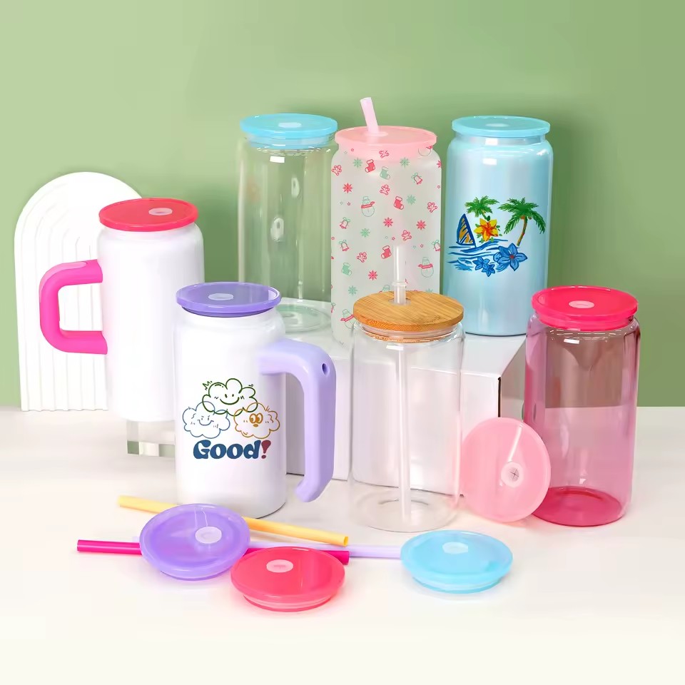 Drinking Glasses with Color Lids and Straws Glass Tumbler Cup for Whiskey Cocktail Soda Tea Water