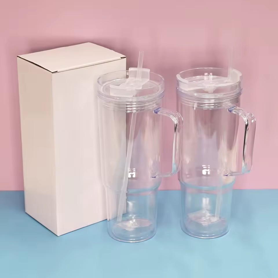 40oz Clear Snow Globe Cup Lid Acrylic Plastic Leak-Proof Food Safe Double Wall Reusable Milk Tumbler Straw Back School Water