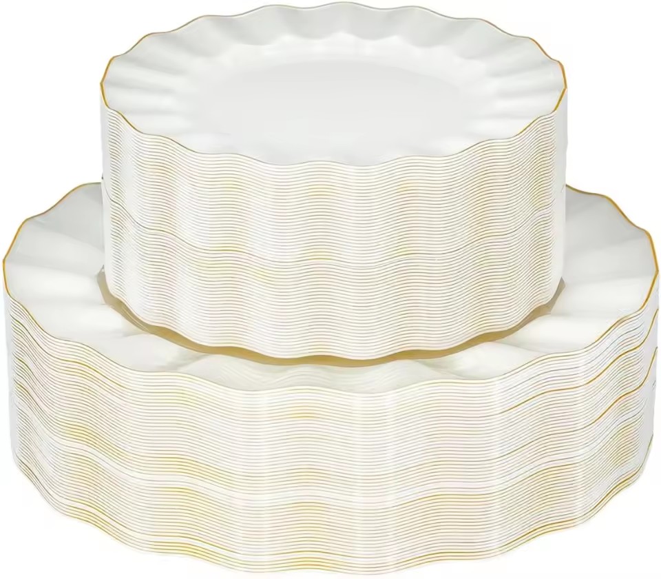 Eco-Friendly Disposable Plastic Plates 7.5" & 10.25" with Gold Rim Heavy Duty Pearl White for Wedding Events