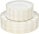 Eco-Friendly Disposable Plastic Plates 7.5" & 10.25" with Gold Rim Heavy Duty Pearl White for Wedding Events