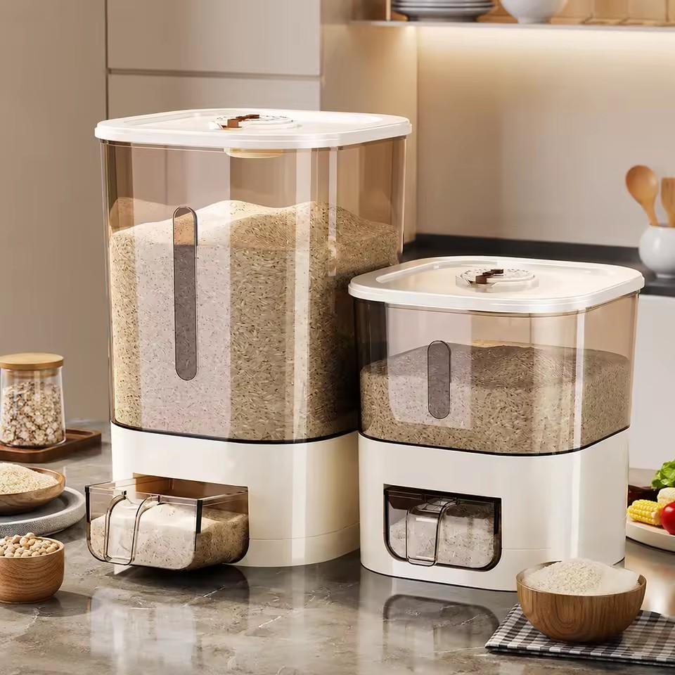 Automatic One-Button Airtight Rice Dispenser Sealed Plastic Square 10L+ Moisture-Proof Insect-Proof Storage Container Modern