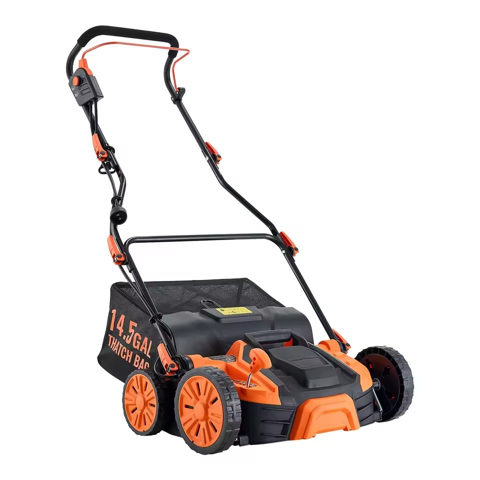 Electric 16 Inch 2 in 1 Scarifier Lawn Mower with 14.5 Gallon Thatch Bag Corded 15 Amp 120 V 15mm Cutting Height