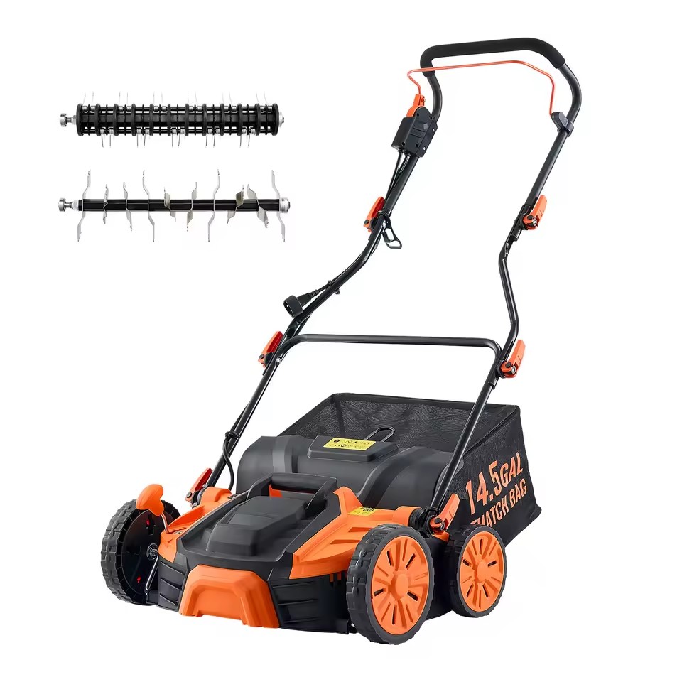 "2-in-1 Electric Dethatcher/Scarifier 16-Inch 15-Amp Corded 14.5-Gallon Thatch Collection 5-Posi for Lawn Cutting"