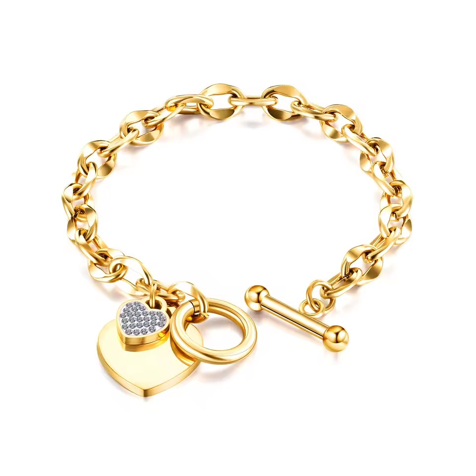 SUMMLY Trendy Inlaid Zircon Heart Pendants Waterproof 18K Gold Plated Stainless Steel Charms Bracelets Fashion Jewelry