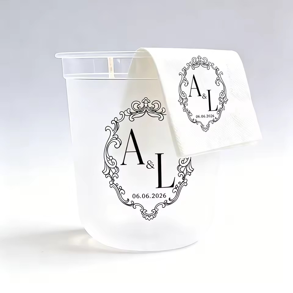 350ml 12oz Frosted Custom Logo 16oz Frosted Plastic Cups Reusable Wedding Party Drinkware With Printing with Napkin Baby Shower