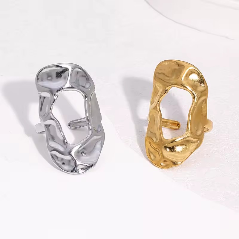 Fashion Minimalist Geometric Stainless Steel Ring Irregular Design 18K Gold Plated Textured Opening Finger Ring Women Jewelry