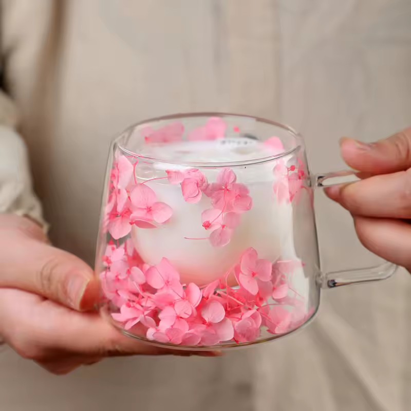 200ml Wall Glass Cup with Dry Flowers Inside Clear Borosilicate Glass Tea Cup Coffee Mug with Handle