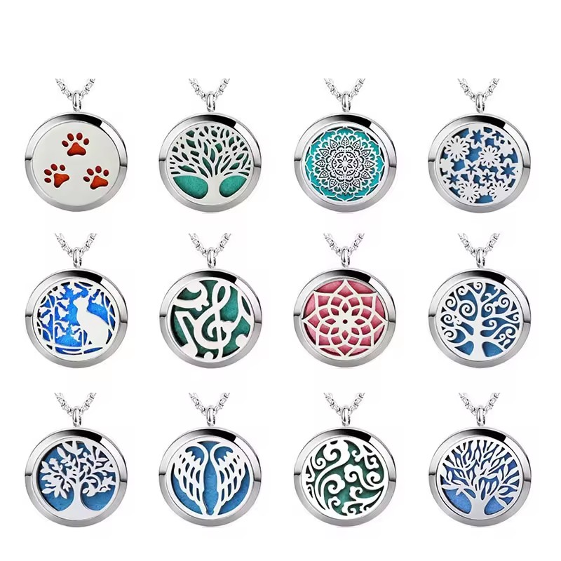 Stainless Steel Round Perfume Pendant Locket Necklace Medaillon Jewelry Girls Essential Oil Aroma Diffusers Pendant With Pad