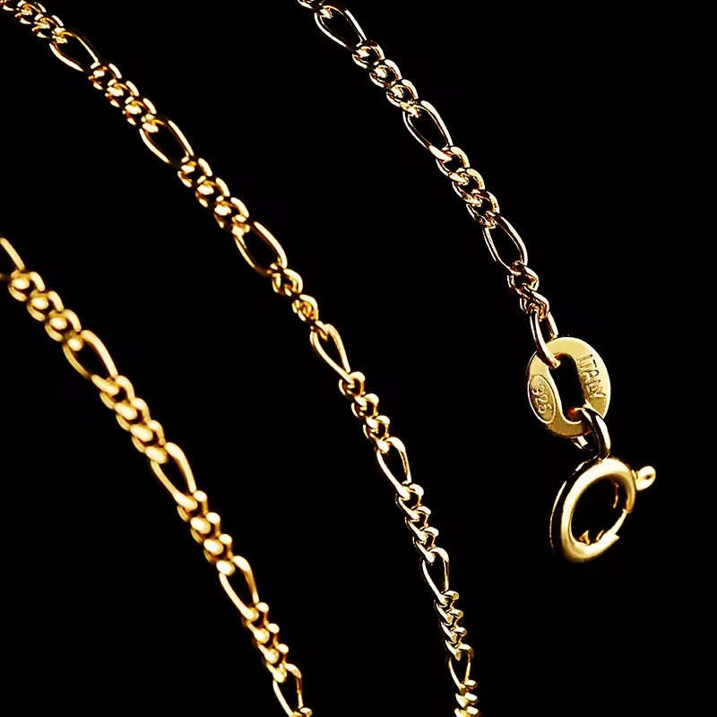 Sterling Silver Jewelry 18k Real Gold Plated Figaro Chains 100% Solid Halskette Silber 925 Chain Necklace Women