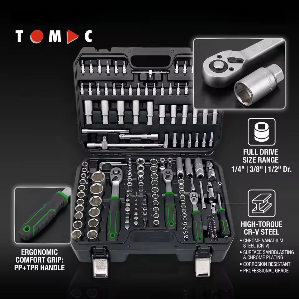 CRV 172-Pieces 1/4", 3/8", & 1/2" Drives Socket Tool Set with 3-Color Ratchet Handle for Comprehensive Mechanics