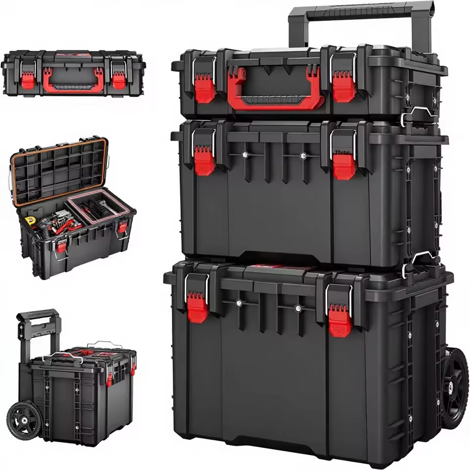 3-Tier Rolling Plastic Tool Box Heavy Duty Stackable Wheels Modular Storage Removable Parts All-Terrain Waterproof Telescopic